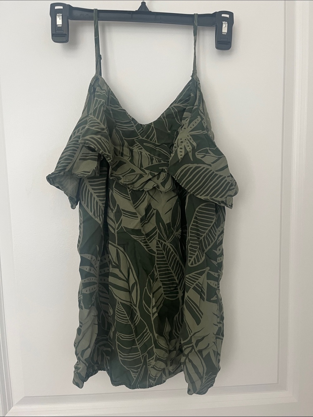 Olive Green Leaf Print Ruffle Cami
